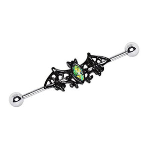 Black Bat with Green Synthetic Opal WildKlass Industrial Barbell-WildKlass Jewelry