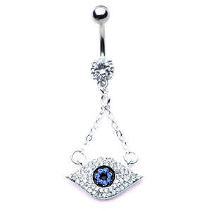 Clear and Blue Evil Eye Gem WildKlass Dangle Charm Belly Ring (14g 7/16")-WildKlass Jewelry