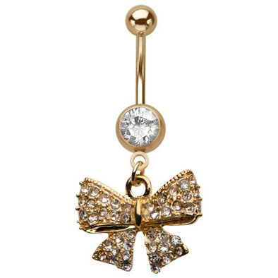 WildKlass Gold Plated Gem Navel Rings with Multigem Dangle Bow 14g-WildKlass Jewelry