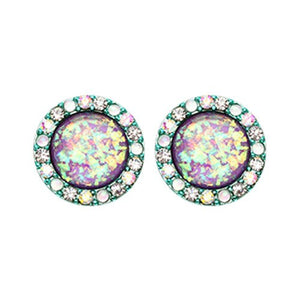 Teal Round Crown Opal Jeweled Combo WildKlass Ear Stud Earrings (Teal/Aurora Borealis/Purple)-WildKlass Jewelry