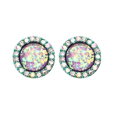 Teal Round Crown Opal Jeweled Combo WildKlass Ear Stud Earrings (Teal/Aurora Borealis/Purple)-WildKlass Jewelry