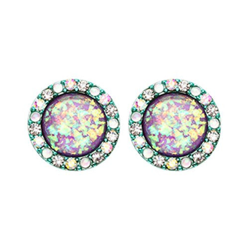 Teal Round Crown Opal Jeweled Combo WildKlass Ear Stud Earrings (Teal/Aurora Borealis/Purple)-WildKlass Jewelry