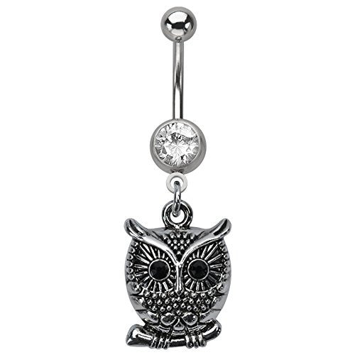 WildKlass Navel with Antique Perching Owl Charm (14g 7/16")-WildKlass Jewelry
