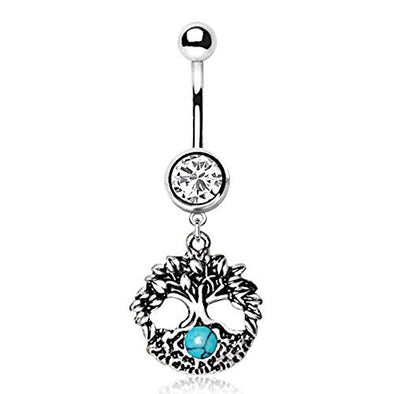 316L Stainless Steel Tree of Life Dangle WildKlass Navel Ring with Turquoise Stone-WildKlass Jewelry
