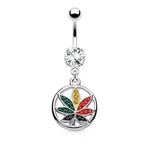 Multi Color Crystals Paved Pot Leaf In Circle Dangle 316L Surgical Steel WildKlass Belly Button Navel Rings-WildKlass Jewelry