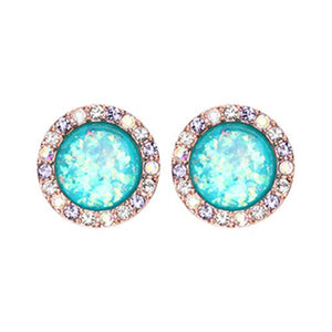 Rose Gold Round Crown Opal Jeweled Combo WildKlass Ear Stud Earings ( Aurora Borealis/Tanzanite/Teal)-WildKlass Jewelry