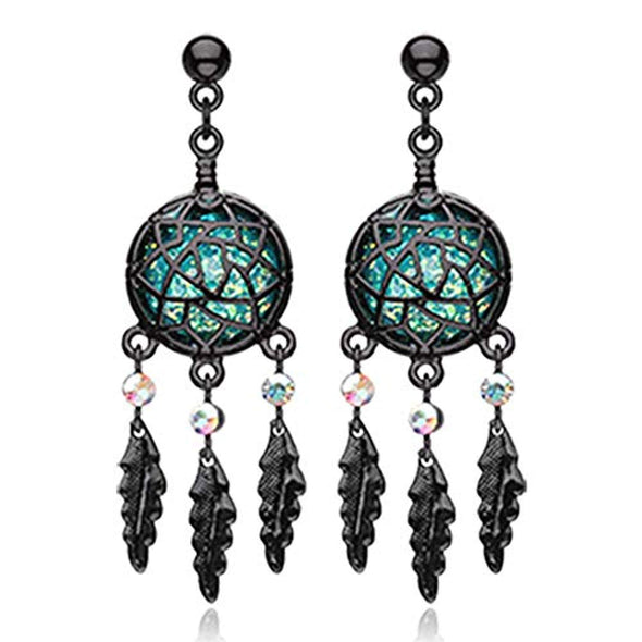Blackline Opal Dreamcatcher Feather WildKlass Earring-WildKlass Jewelry