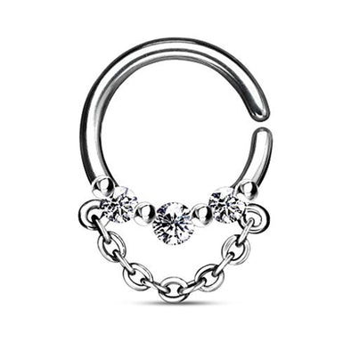 3 CZ with Chain Dangle 316L Surgical Steel WildKlass Bendable Septum/Cartilage Hoop Ring-WildKlass Jewelry