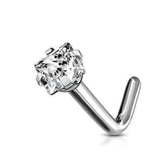 WildKlass G23 Solid Titanium L Bend Nose Stud Rings with Prong Set Square CZ-WildKlass Jewelry
