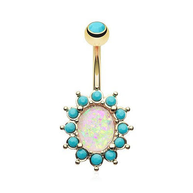 Golden Opal Turquoise Belly Button Ring Gold Plated 316L Surgical Steel-WildKlass Jewelry