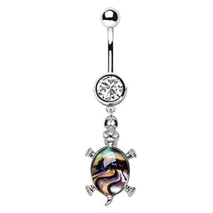 316L Stainless Steel Teal Abalone Inlay Turtle Dangle WildKlass Navel Ring-WildKlass Jewelry