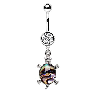 316L Stainless Steel Teal Abalone Inlay Turtle Dangle WildKlass Navel Ring-WildKlass Jewelry