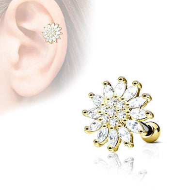 CZ Paved Flower Top 316L Surgical Steel WildKlass Ear Cartilage Barbell Studs-WildKlass Jewelry