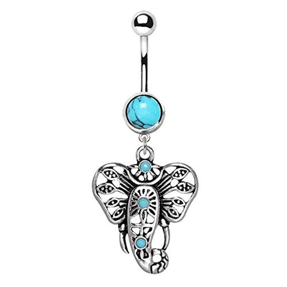 316L Stainless Steel Turquoise Festive Elephant WildKlass Dangle Navel Ring-WildKlass Jewelry