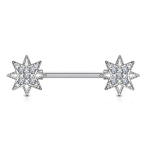 WildKlass CZ Paved Starburst Ends 316L Surgical Steel Nipple Barbell Rings-WildKlass Jewelry