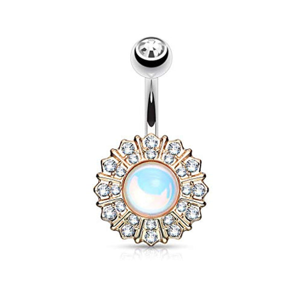 White Revo Reflecting Stone Center Gem Paved Round Flower 316L Surgical Steel WildKlass Belly Button Navel Rings-WildKlass Jewelry