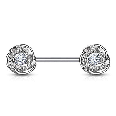 WildKlass CZ Paved with Round CZ Center Rose Blossom Ends 316L Surgical Steel Barbell Nipple Rings-WildKlass Jewelry