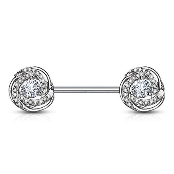 WildKlass CZ Paved with Round CZ Center Rose Blossom Ends 316L Surgical Steel Barbell Nipple Rings-WildKlass Jewelry