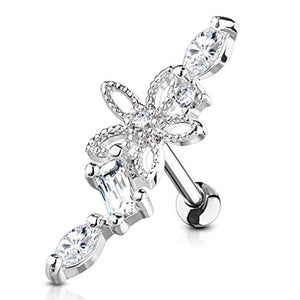 WildKlass Hollow Flower Centered CZ Vine 316L Surgical Steel Cartilage, Tragus Barbell Studs-WildKlass Jewelry