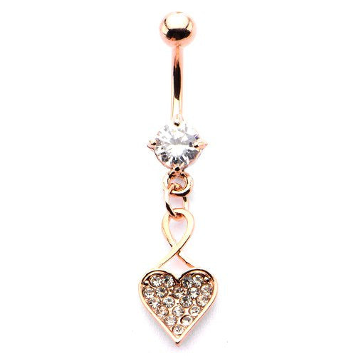 Rose Gold PVD Plated WildKlass Navel with Clear Gems Heart Cluster Dangle Charm (14g 7/16")-WildKlass Jewelry