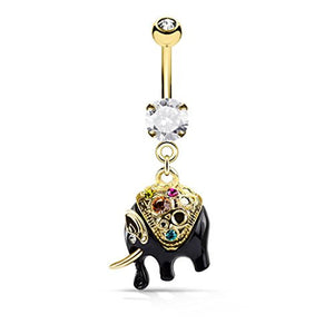 Multi Color Crystals Gold and Black Elephant Dangle 316L Surgical Steel WildKlass Belly Button Navel Rings-WildKlass Jewelry