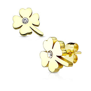 Pair of Shamrock with Crystal Center 316L Stainless Steel WildKlass Earring Studs-WildKlass Jewelry