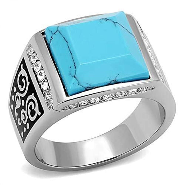 WildKlass Stainless Steel Ring High Polished Men Synthetic Sea Blue-WildKlass Jewelry