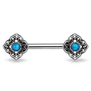 Turquoise Centered Tribal Flower Ends 316L Surgical Steel Nipple WildKlass Barbells-WildKlass Jewelry