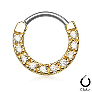 Ten Paved Gem Single Line Gold IP 316L Surgical Steel WildKlass Septum Clicker-WildKlass Jewelry