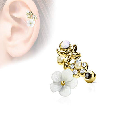 CZ and Clay Flowers Curve Top 316L Surgical Steel WildKlass Ear Cartilage Barbell Studs-WildKlass Jewelry