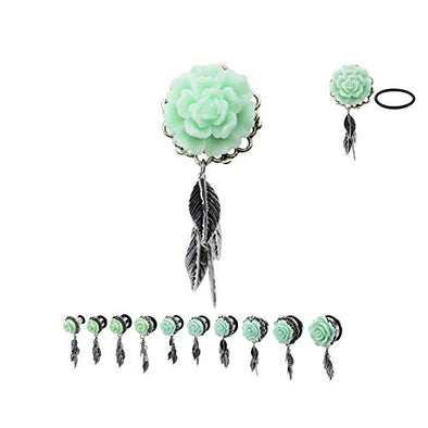 Single Flare Steel WildKlass Plugs with Mint Green Rose Frame Front and Leaf Dangles-WildKlass Jewelry