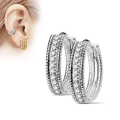 Pair of Beaded Edges Dome Center with Channel Set Lined CZ Post Hoop Earrings-WildKlass Jewelry