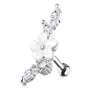 WildKlass Mother of Pearl Flower Centered CZ Vine 316L Surgical Steel Cartilage, Tragus Barbell Studs-WildKlass Jewelry