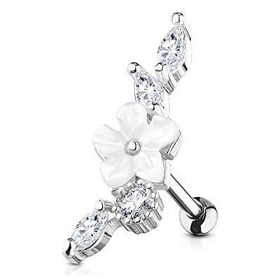 WildKlass Mother of Pearl Flower Centered CZ Vine 316L Surgical Steel Cartilage, Tragus Barbell Studs-WildKlass Jewelry