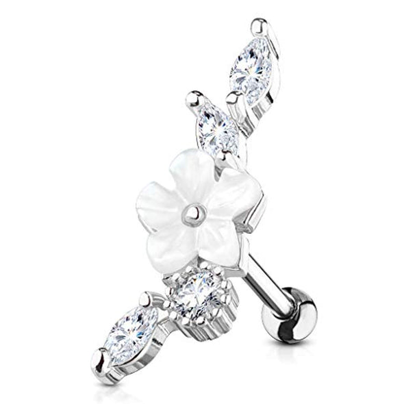 WildKlass Mother of Pearl Flower Centered CZ Vine 316L Surgical Steel Cartilage, Tragus Barbell Studs-WildKlass Jewelry