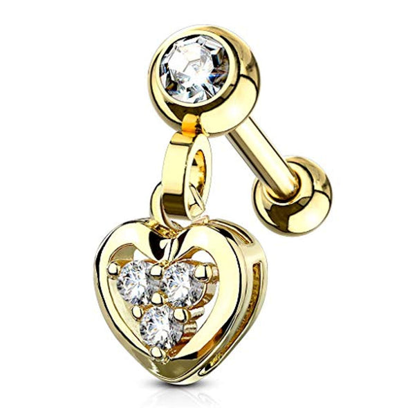 Clear Gem Set Ball with CZ Filled Heart Dangle Cartilage, Tragus Barbell Studs-WildKlass Jewelry