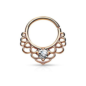 CZ Centered Lotus Filigree All Brass Bendable WildKlass Septum/Cartilage Rings-WildKlass Jewelry