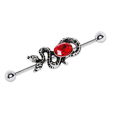 316L Stainless Steel Two-Headed Snake with Ruby Red CZ WildKlass Industrial Barbell-WildKlass Jewelry