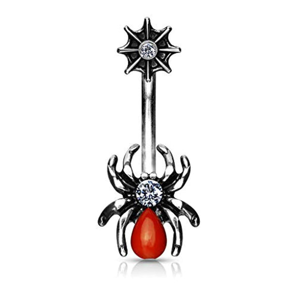 Red Spider and Web with CZ 316L Surgical Steel WildKlass Belly Button Navel Rings-WildKlass Jewelry