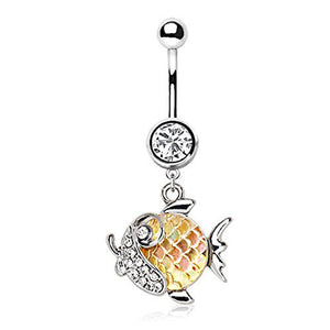 316L Stainless Steel Jeweled Gold Fish Dangle WildKlass Navel Ring-WildKlass Jewelry