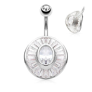 Oval CZ Center and Princess Cut CZ Paved Round shield 316L Surgical Steel WildKlass Belly Button Navel Rings-WildKlass Jewelry