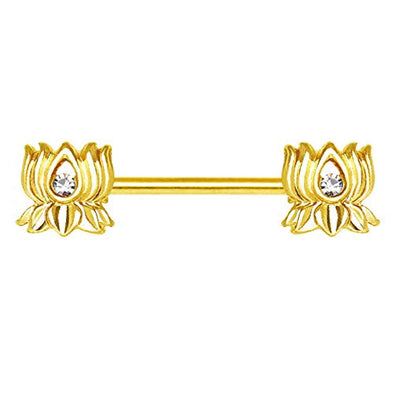 Gold Plated Jeweled Lotus Flower WildKlass Nipple Bar-WildKlass Jewelry