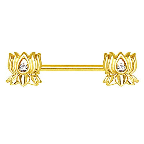 Gold Plated Jeweled Lotus Flower WildKlass Nipple Bar-WildKlass Jewelry