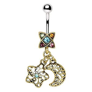 316L Stainless Steel Golden Moon & Star Dangle WildKlass Navel Ring-WildKlass Jewelry