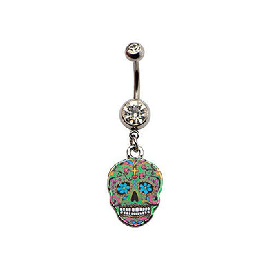 Green Sugar Skull WildKlass Dangle Charm Belly Ring (14g 7/16")-WildKlass Jewelry