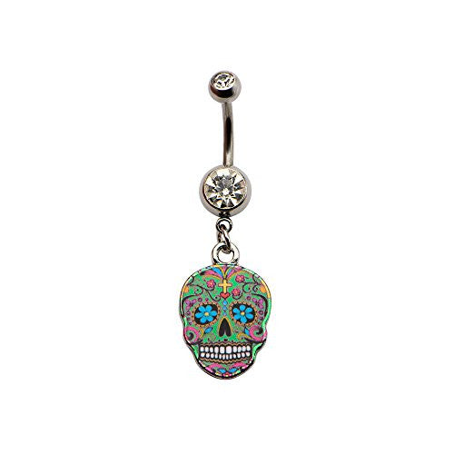 Green Sugar Skull WildKlass Dangle Charm Belly Ring (14g 7/16")-WildKlass Jewelry