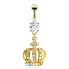 Crossed Crown Gem Paved Dangle with 316L Surgical Steel Prong Set Gold Plated Navel (Sold by Piece)-WildKlass Jewelry