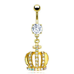 Crossed Crown Gem Paved Dangle with 316L Surgical Steel Prong Set Gold Plated Navel (Sold by Piece)-WildKlass Jewelry