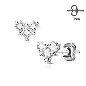 Pair of 3 Square CZ Heart 316L Surgical Steel Post WildKlass Earring Studs-WildKlass Jewelry