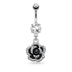 Pave Crystal Set Petals on Black Flower Dangle 316L Surgical Steel Belly Button WildKlass Navel Rings-WildKlass Jewelry